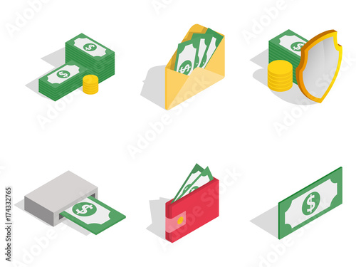 Green dollar icon set, isometric style