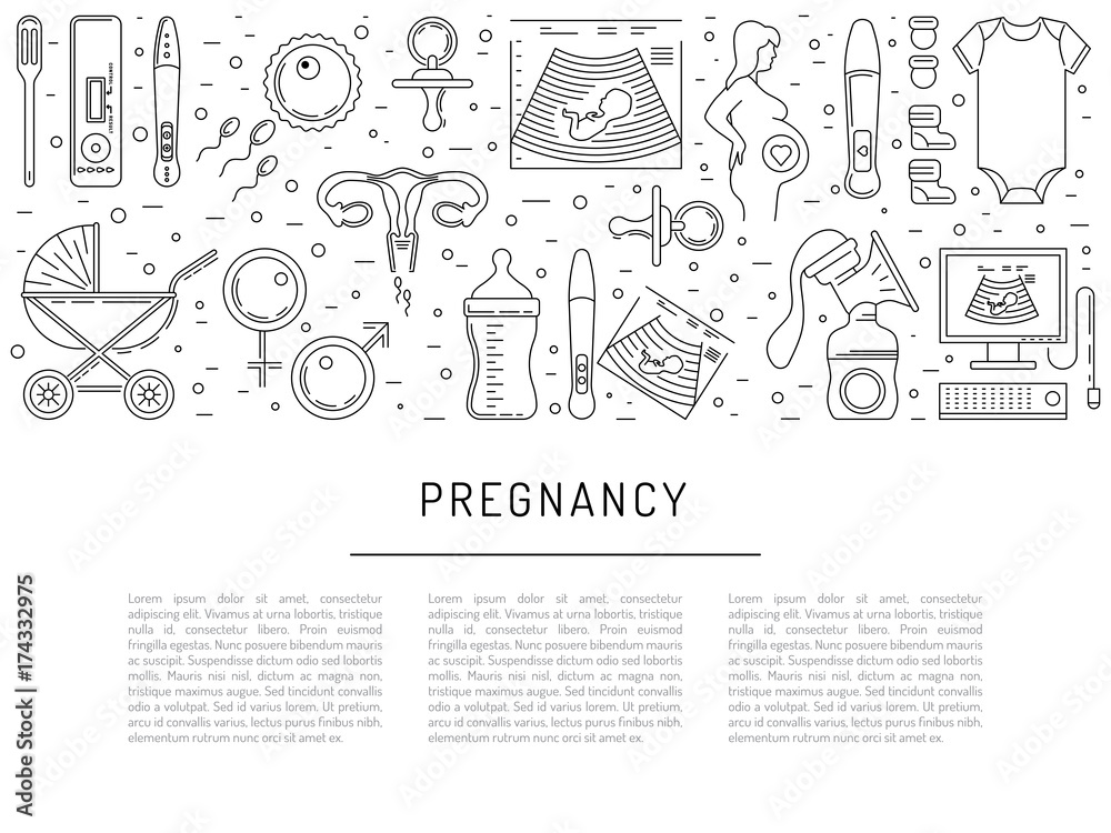 Vector icons pregnancy, obstetrics, gynecology outline icons. Medicine symbols mother, newborn health care, diagnostic equipment. The theme of planning children