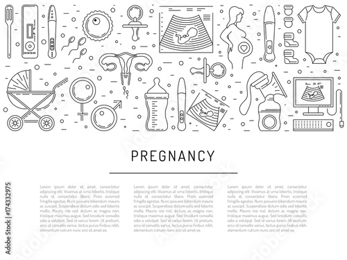Vector icons pregnancy, obstetrics, gynecology outline icons. Medicine symbols mother, newborn health care, diagnostic equipment. The theme of planning children