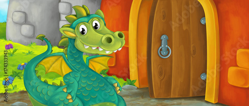 Cartoon happy scene of an old style entrance of castle with dragon standing in front of it - stage for different usage - illustration for children