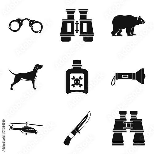 Hunting stuff icons set, simple style