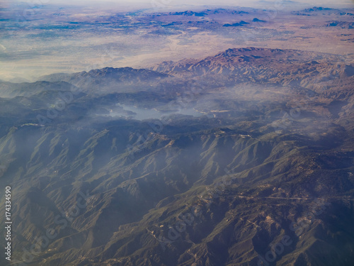 Aerial view of San Bernardino Mountains and Lake Arrowhead, view from window seat in an airplane