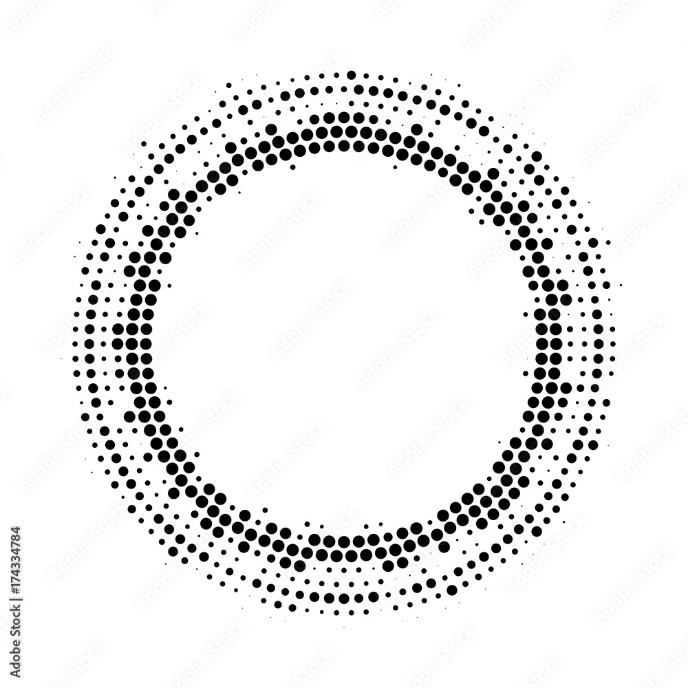 Halftone dotted background circularly distributed. Halftone effect vector pattern. Circle dots isolated on the white background. Halftone dotted background circularly distributed. Halftone effect vector pattern. Circle dots isolated on the white background.