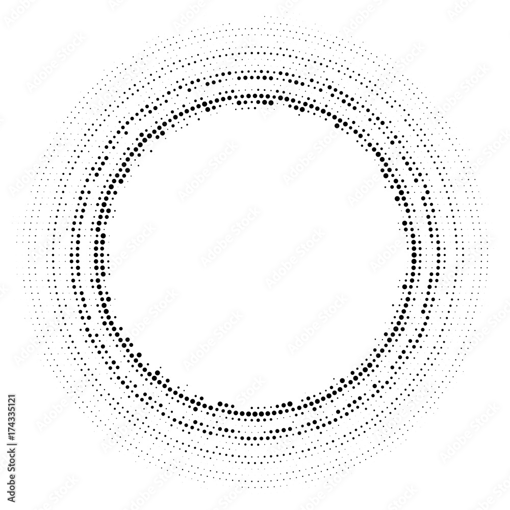 Halftone dotted background circularly distributed. Halftone effect vector pattern. Circle dots isolated on the white background. Halftone dotted background circularly distributed. Halftone effect vector pattern. Circle dots isolated on the white background.