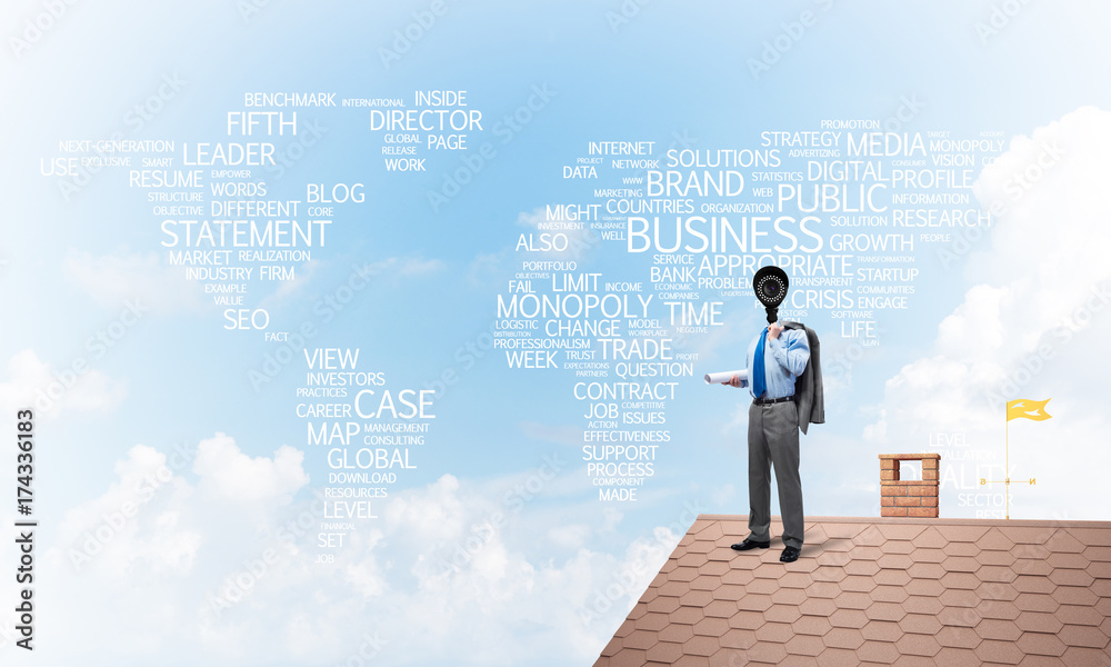 Concept of home security and privacy protection with camera headed man