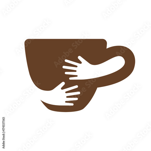 Creative coffee cup and hands logo design. Cafe or restaurant symbol. Unique logotype design template. Hug cup vector illustration