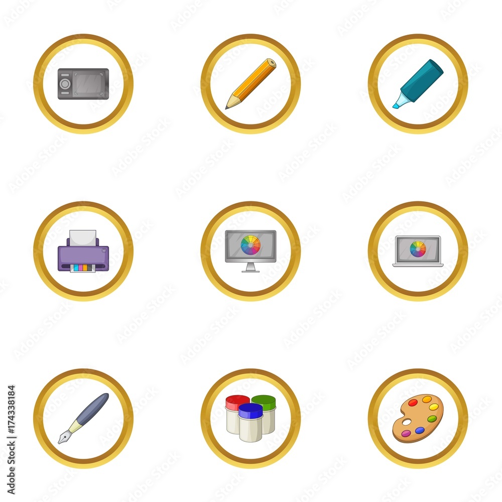 Stationery icons set, cartoon style Stationery icons set, cartoon style