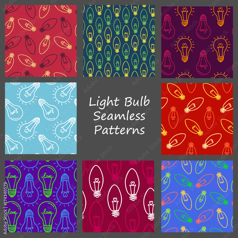 Fototapeta premium Hand drawn seamless pattern with light bulb, heart. Light bulb lamp icon.