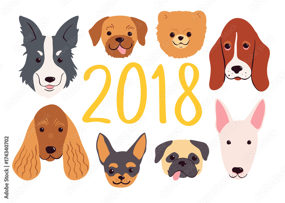 Hand drawn dogs set for 2018 New Year. Vector greeting card.