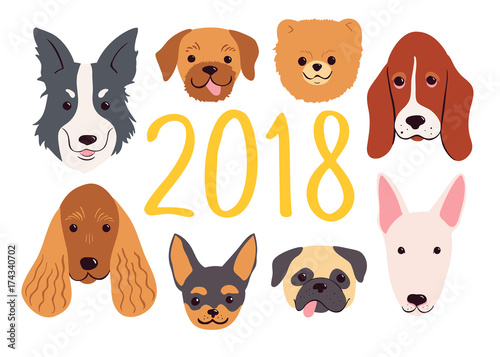 Hand drawn dogs set for 2018 New Year. Vector greeting card.