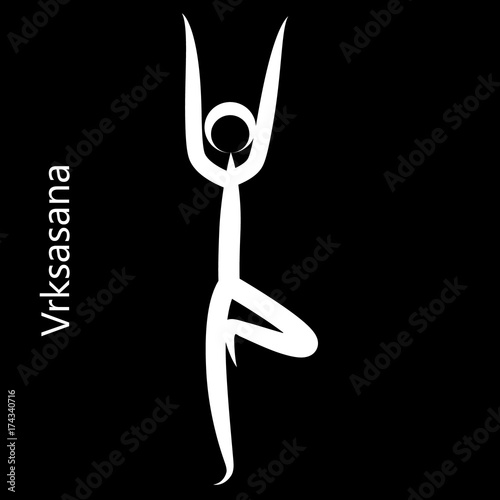 Tree Pose, Vrksasana. Yoga Position. Vector Silhouette Illustration. Vector graphic design or logo element for spa center, studio, class, center, poster. Yoga retreat. White.