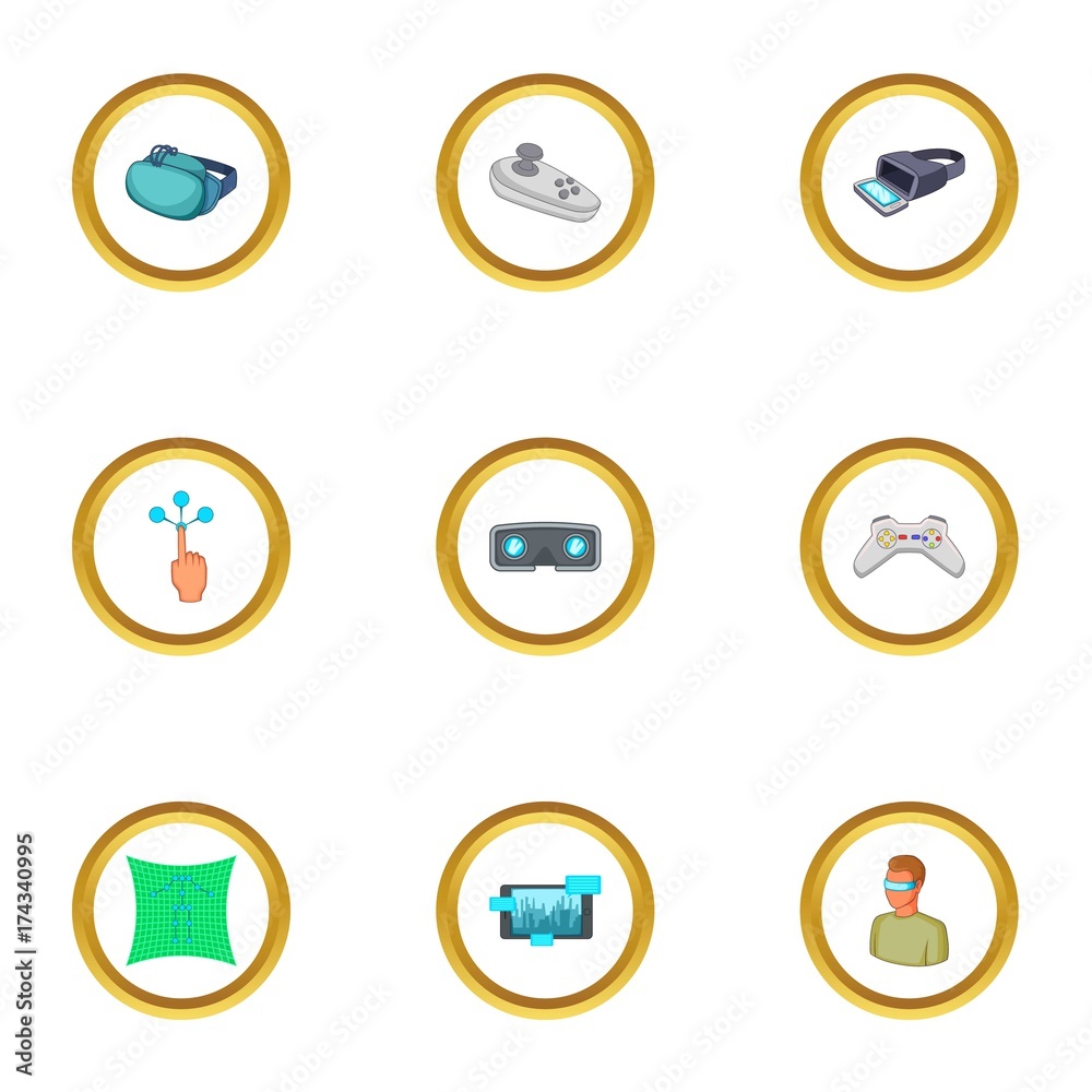 Virtual reality game icons set, cartoon style Virtual reality game icons set, cartoon style