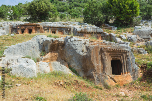 Ancient antique burial in rocks in Demre. Turkey