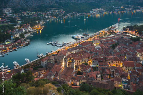 Top view of the Bay of Kotor and the old town. Europe. Montenegro