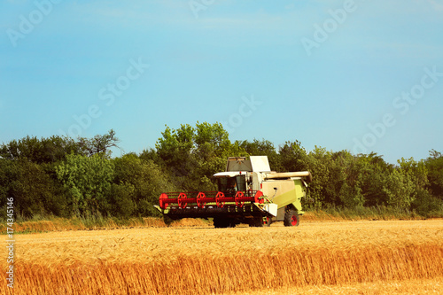 Combine harvester in field