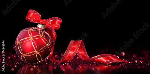 Christmas Card - Red Bauble With Ribbon On Black
