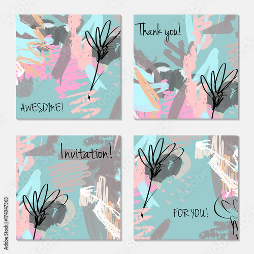 Hand drawn creative invitation greeting cards. Invitation party card template. Set of 4 isolated on layer. Abstract creative universal doodles. Roughly brushed floral motifs. Vector illustration.
