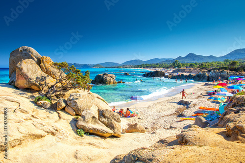 Fototapeta Naklejka Na Ścianę i Meble -  Spaggia di Santa Giusta beach with famous Peppino rock, Costa Rei, Sardinia, Italy