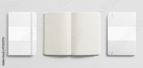 photorealistic notebook mockup on light grey background. 