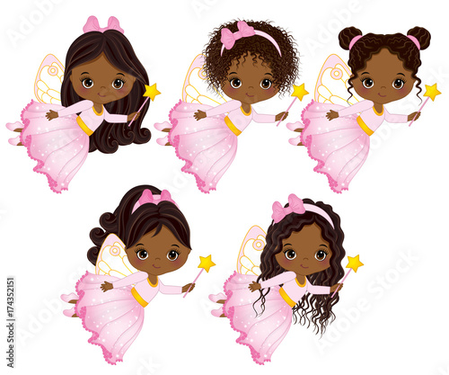 Vector Cute Little African American Fairies with Various Hairstyles