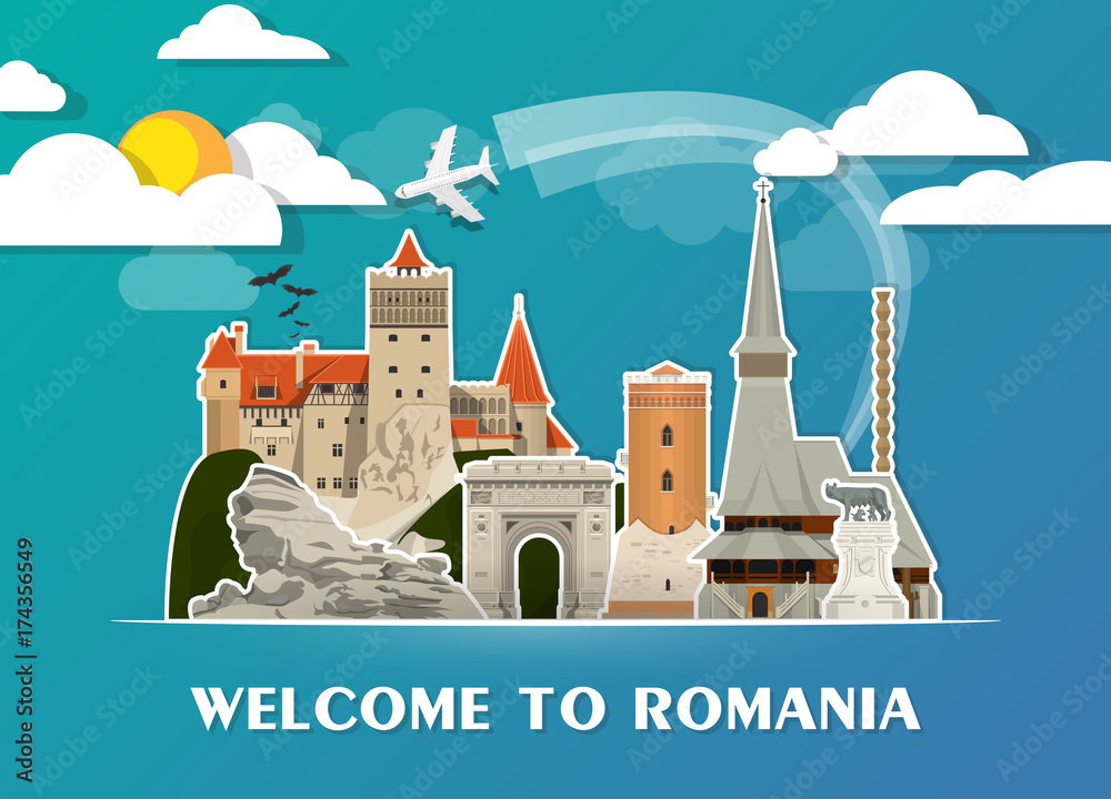 Romania Landmark Global Travel And Journey paper background. Vector Design Template.used for your advertisement, book, banner, template, travel business or presentation - obrazy, fototapety, plakaty 