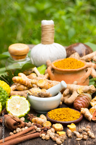 Canvas Print Turmeric powder,Turmeric in Mortar Grinder drugs and ingredient herbs on wooden