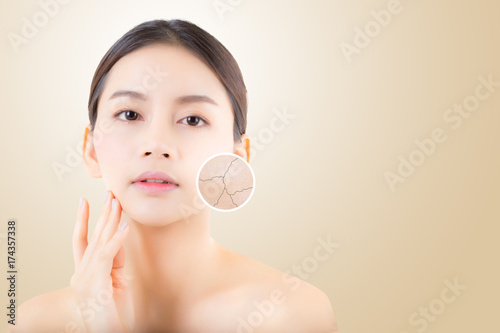 skincare and health and cosmetics concept - beautiful asian young woman face with wrinkles over circles for advertising.