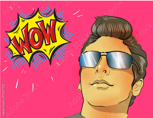 Wow pop art male face. Young sexy surprised man in glasses with open mouth and Wow speech bubble with stars.