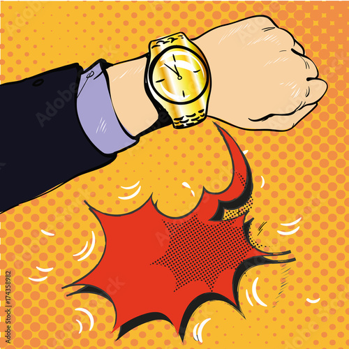 Wrist watch show now pop art style vector illustration. Comic book style imitation