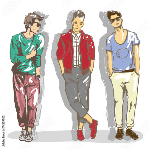 Set vector illustrations of a fashionable casual style dressed guys