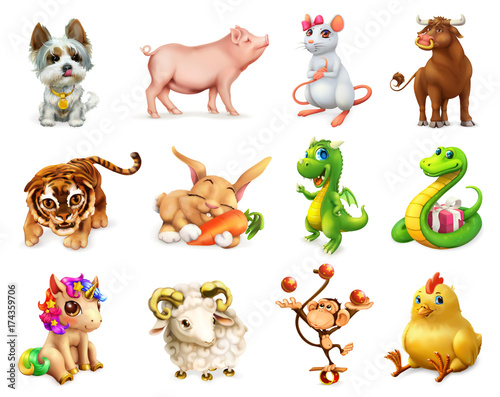 Dog, Pig, Rat, Ox, Tiger, Rabbit, Dragon, Snake, Horse, Goat, Monkey, Rooster. Funny animal in the Chinese zodiac, Chinese calendar. 3d vector icon set