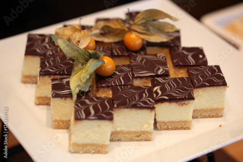 dessert detail - chocolate cheese cake with exotic fruit