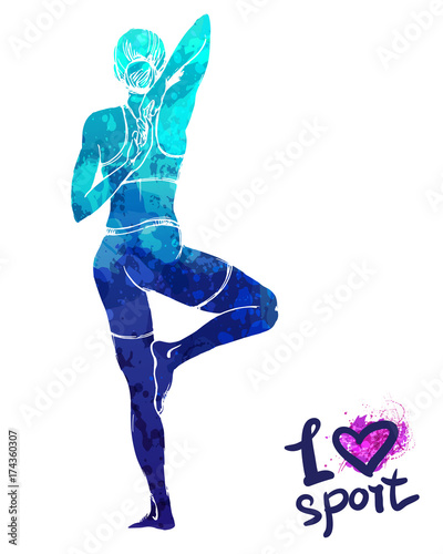 Bright watercolor silhouette of a girl doing yoga. Vector sport illustration. Graphic figure of the athlete. Active people. Recreation lifestyle. I love sport.