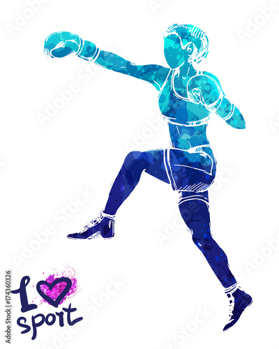 Bright watercolor silhouette of a boxing women. Vector sport illustration. Graphic figure of the athlete. Active people. Recreation lifestyle. I love sport.