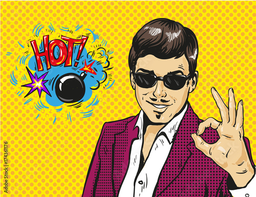 Man smile and shows OK hand sign with speech bubble. Vector illustration in retro comic pop art style. hot bomb