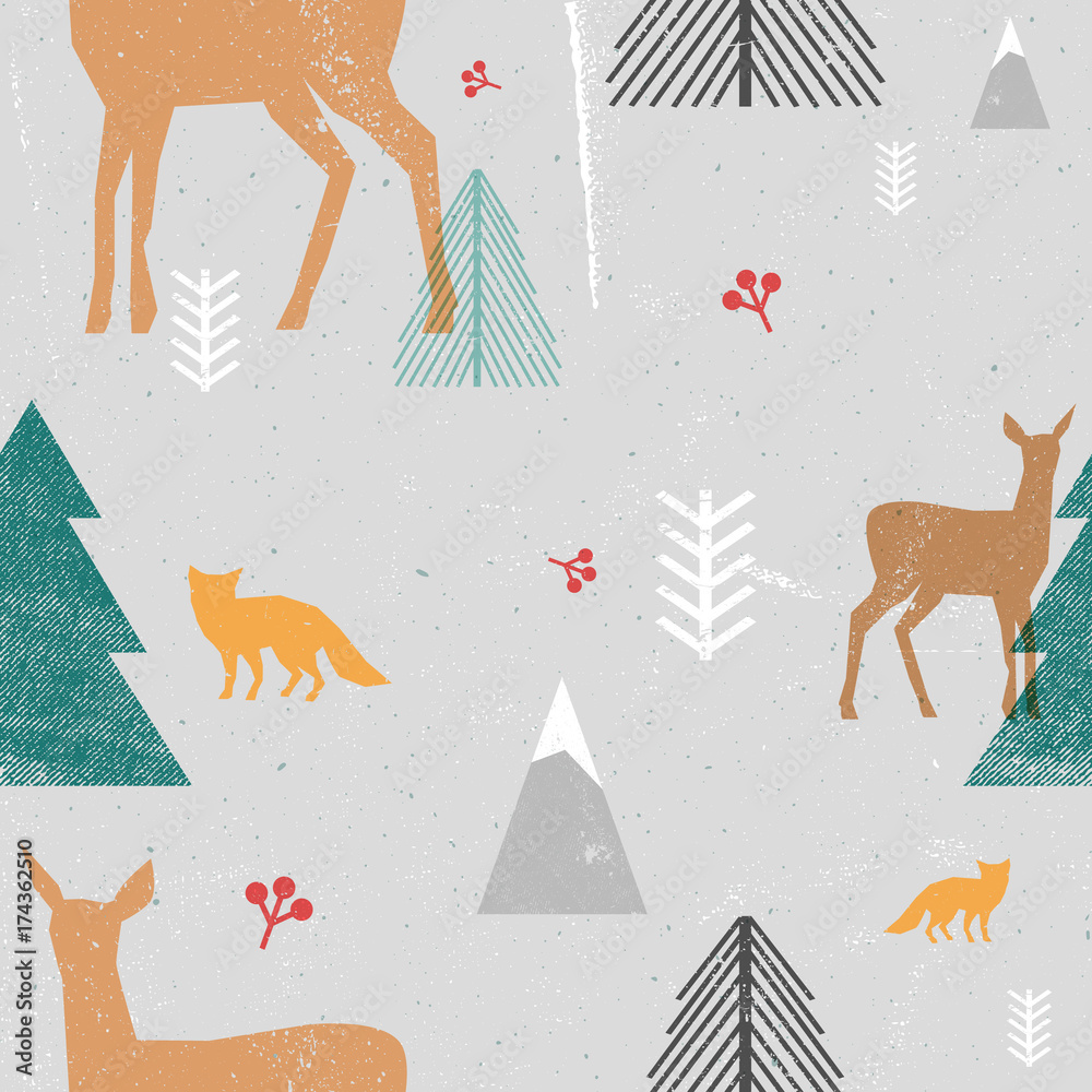 Christmas seamless pattern with woodland animals and trees in graphic style. Vector illustration with grunge texture and abstract clear forms. Gray, brown, blue colors.