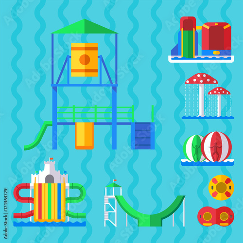 Water aquapark playground with slides and splash pads for family fun vector illustration.