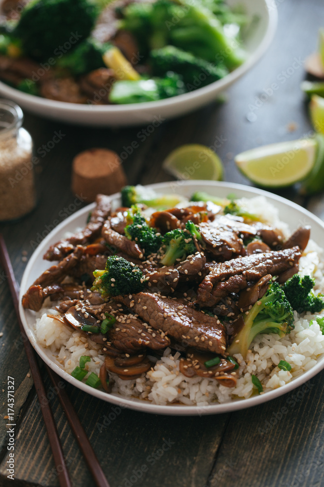 Asian beef with broccoli and mushrooms