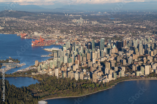 Aerial view of Downtown Vancouver City  British Columbia  Canada  during an evening before sunset.