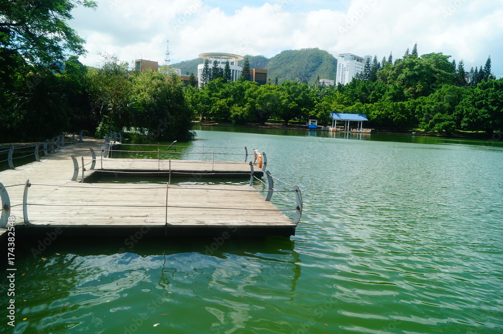 Fototapeta premium Beautiful lake views, shore plants, trees, etc
