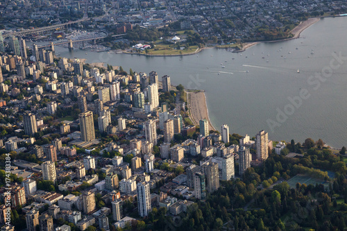 Aerial view on the buildings, English Bay Beach, and False Creek in Downtown Vancouver, British Columbia, Canada.