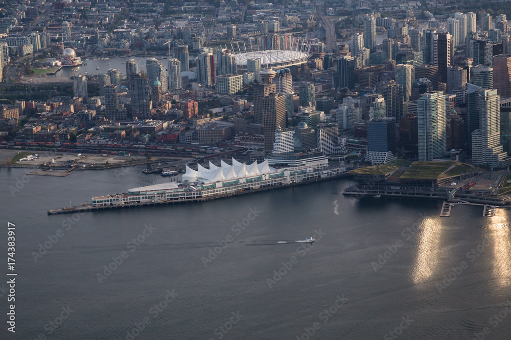 Aerial view of Canada Place in Downtown Vancouver, BC, Canada.