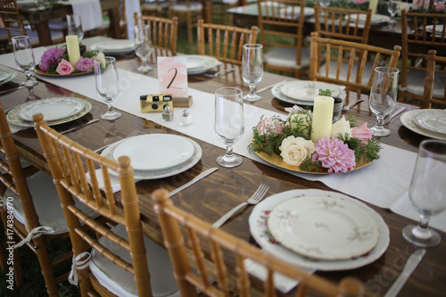 Canvas Print Vintage Wedding Decor Mismatched China on a Wood Table with Flowers