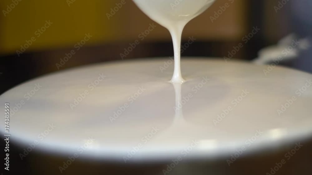Close up of chef cooking pancakes. Chef pours the liquid dough into a hot frying pan. Close up of chef cooking pancakes. Chef pours the liquid dough into a hot frying pan.