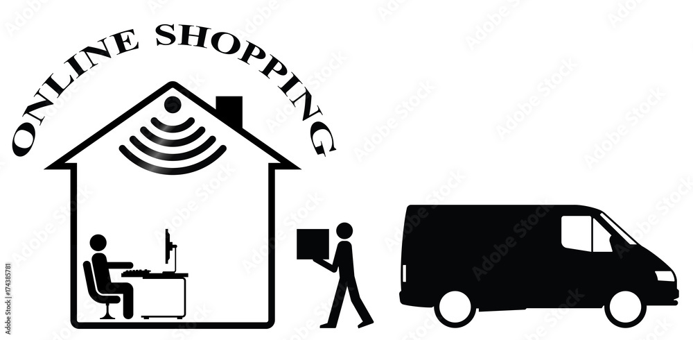 Representation of online shopping and home delivery isolated on white background 