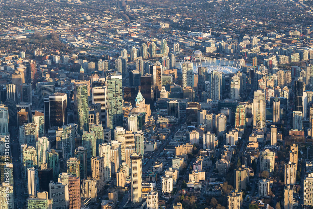 Aerial view of the City Buildings in Vancouver Downtown , British Columbia, Canada.