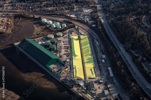 Aerial view of an Industrial Site in Port Moody, Greater Vancouver, BC, Canada.
