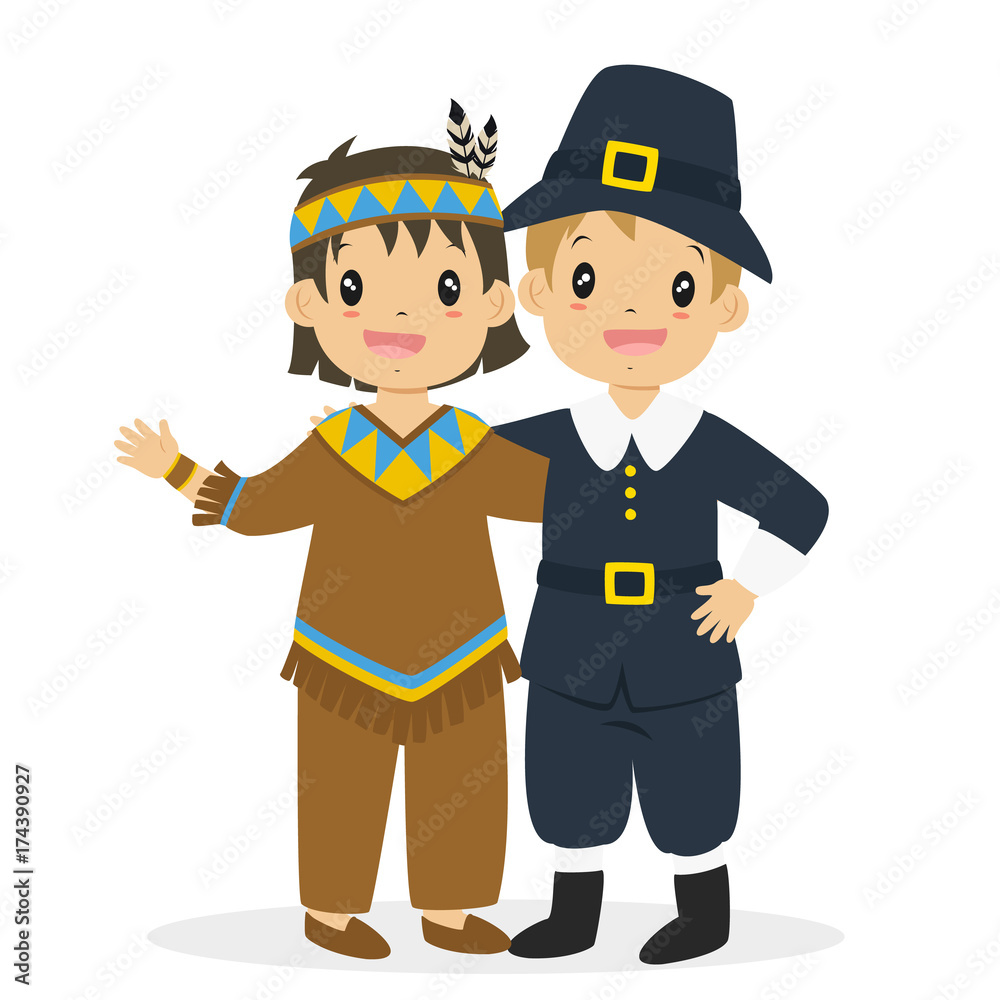 Thanksgiving cute and happy Pilgrim boy and Native American boy embracing, character cartoon vector. Thanksgiving cute and happy Pilgrim boy and Native American boy embracing, character cartoon vector.