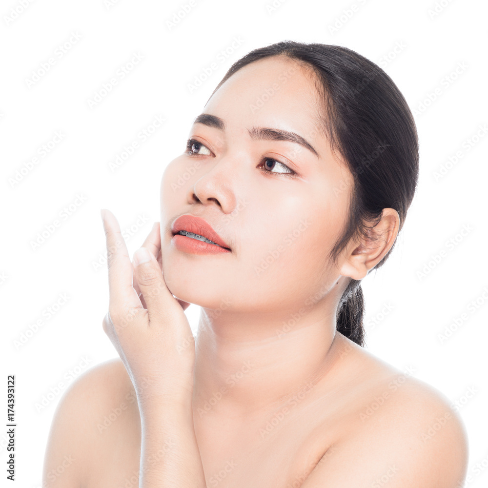Beautiful woman face with teeth brace dental close up portrait studio on white background Beautiful woman face with teeth brace dental close up portrait studio on white background