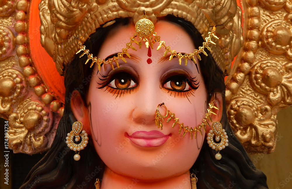 Closeup of Idol of Indain Hindu Goddess Durga during Dussera or vijaya dasami festival Closeup of Idol of Indain Hindu Goddess Durga during Dussera or vijaya dasami festival